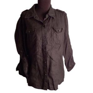 Liz Claiborne L Black Button Front Cargo Top Roll-Tab Sleeves